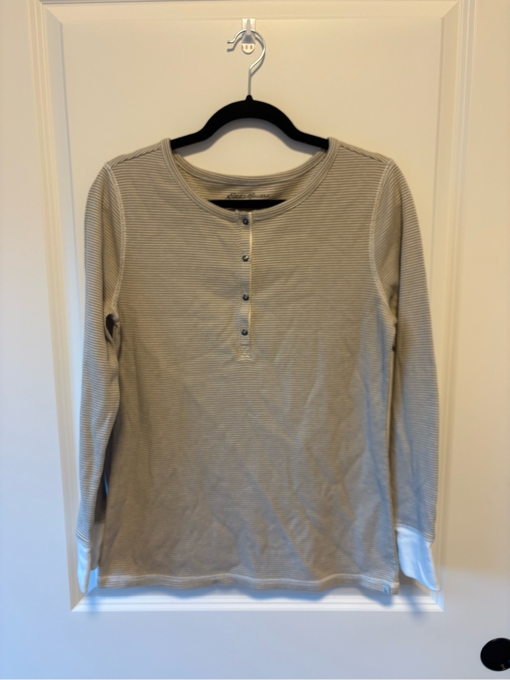 Eddie Bauer Long Sleeve Henley Top - Cream and White Thin Stripe